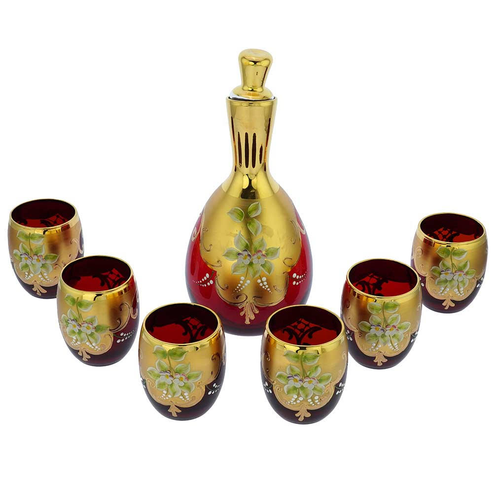 Murano Glass Decanter Set with 6 Wine Glasses 24K Gold Red T963120