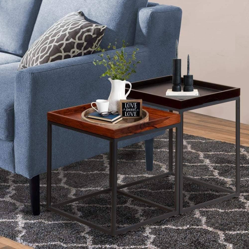 2 Piece Wooden Tray Top Nesting Table Set with Metal Frame, Brown and Black J902