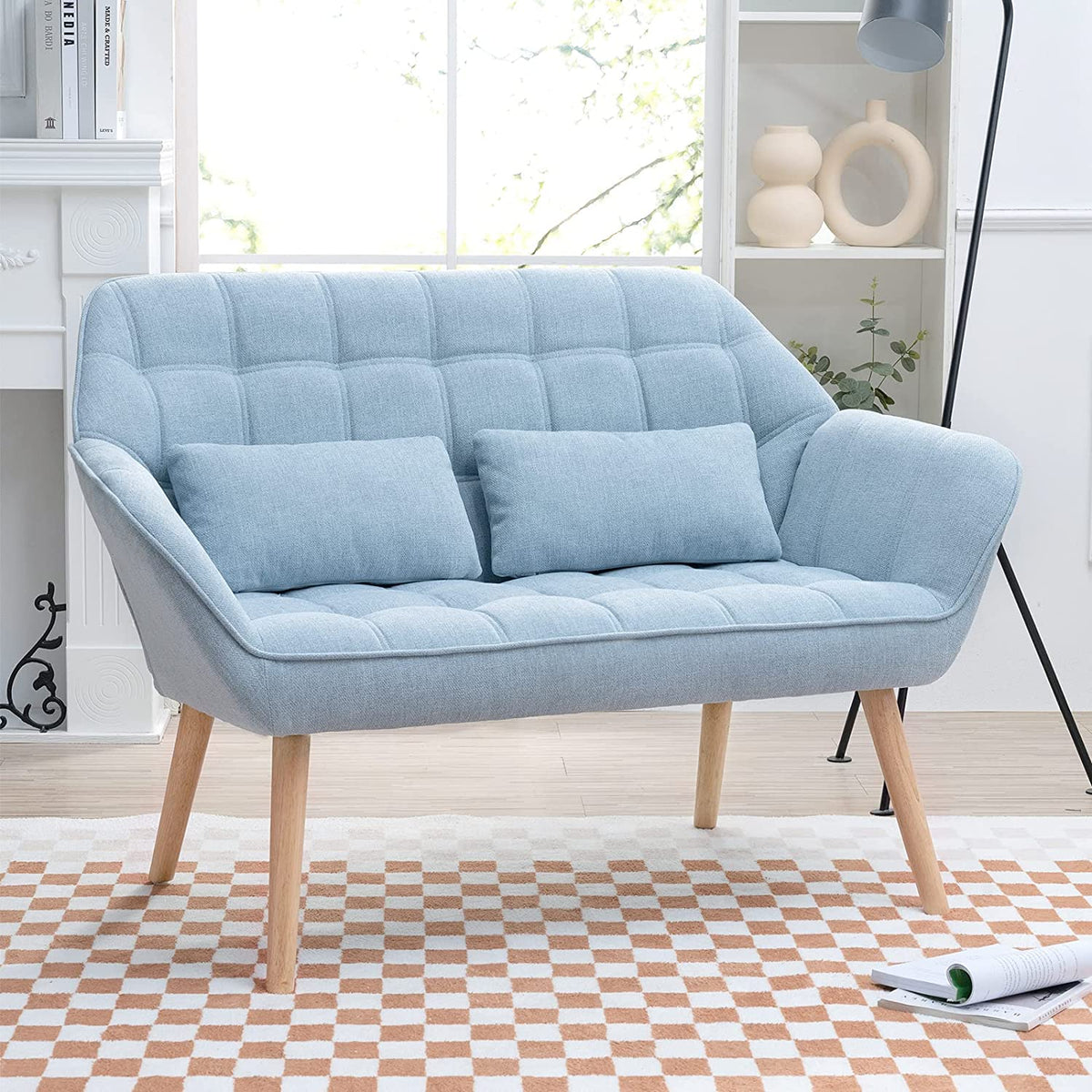 Light Blue Linen Fabric Loveseat Sofa with 2 Pillows Wood Legs Q688982