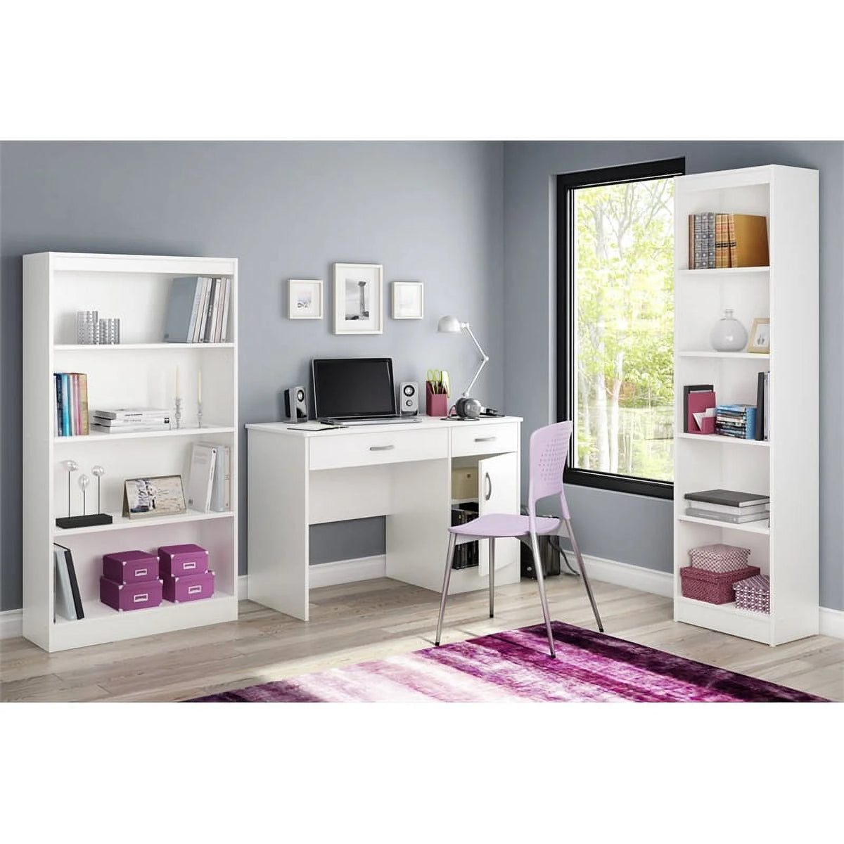 Small Desk with Drawers and 3-Shelf Bookcase Set in Pure White A661747