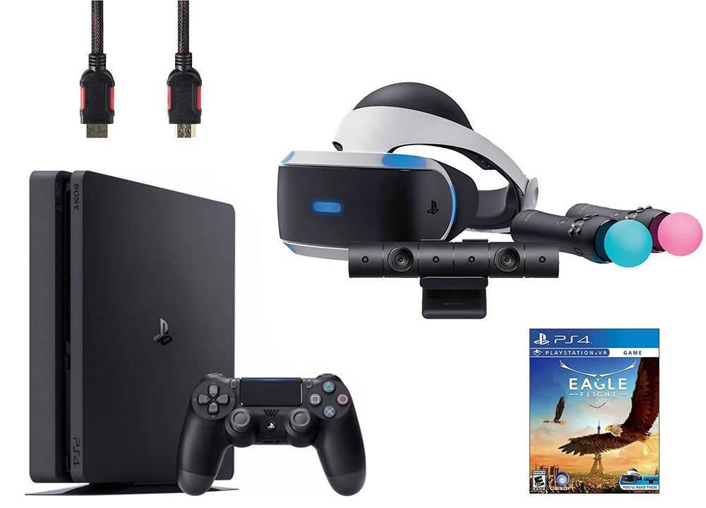 VR Headset, Move Controller, PlayStation Camera Motion Sensor, PS4 Slim 1TB Console Jet Black, VR Game Disc Eagle Flight S1493