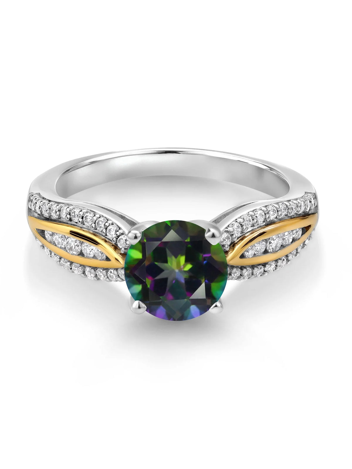 925 Silver 10K Yellow Gold Green Mystic Topaz White Lab Grown Diamond Ring Z5018