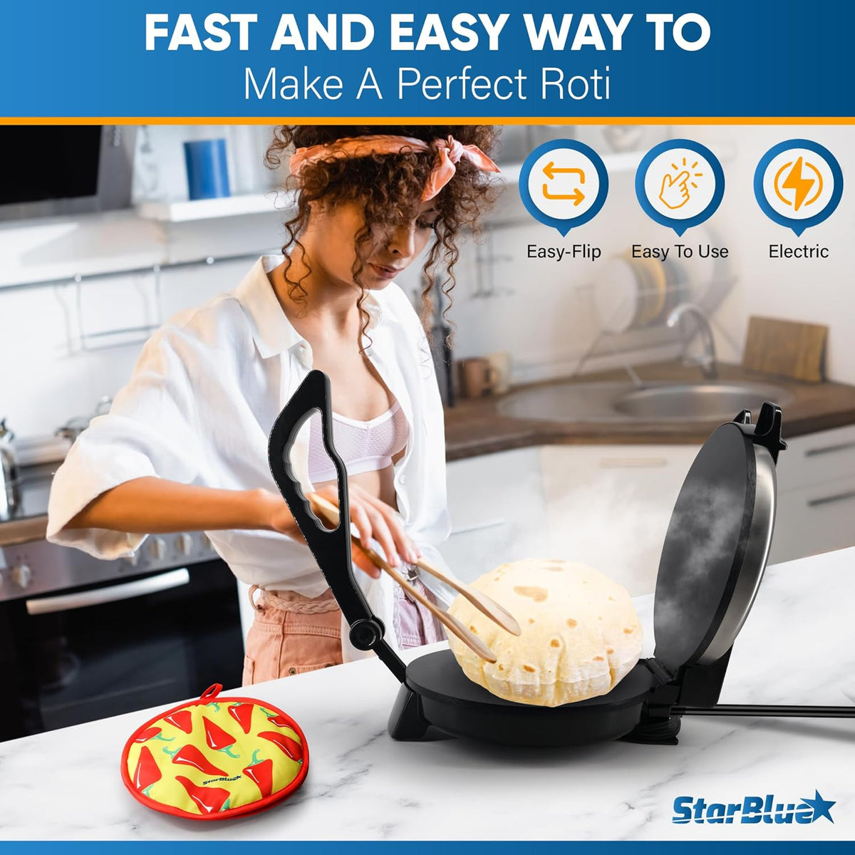 10inch Stainless Steel Non-Stick Electric Roti Maker with Removable Handle X9393