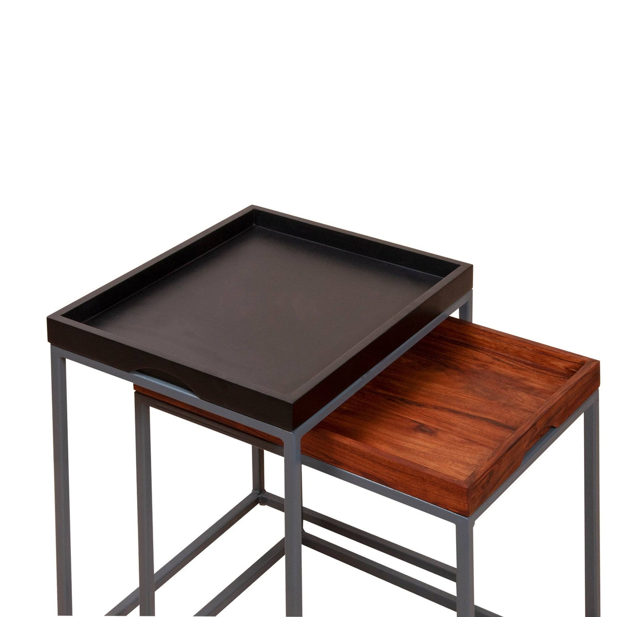 2 Piece Wooden Tray Top Nesting Table Set with Metal Frame, Brown and Black J902