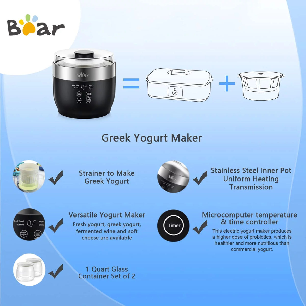 Greek Stainless Steel Yogurt Maker 2 Glass Jars W858286