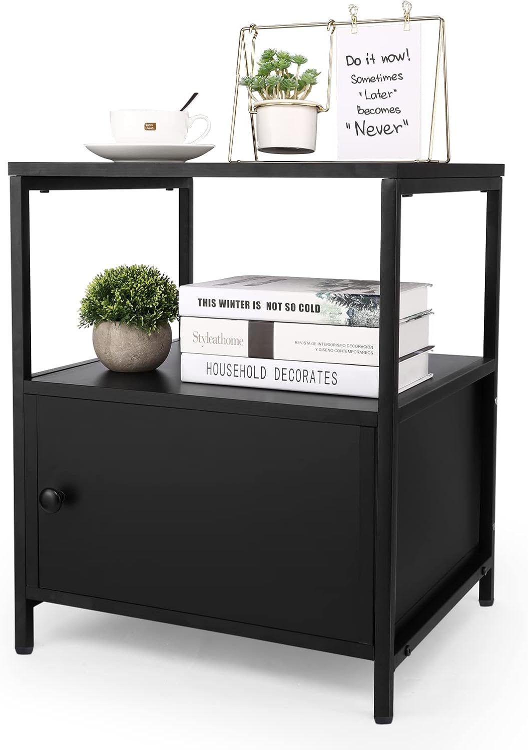Black Wooden Nightstand with Storage Cabinet and Open Shelf Q53330