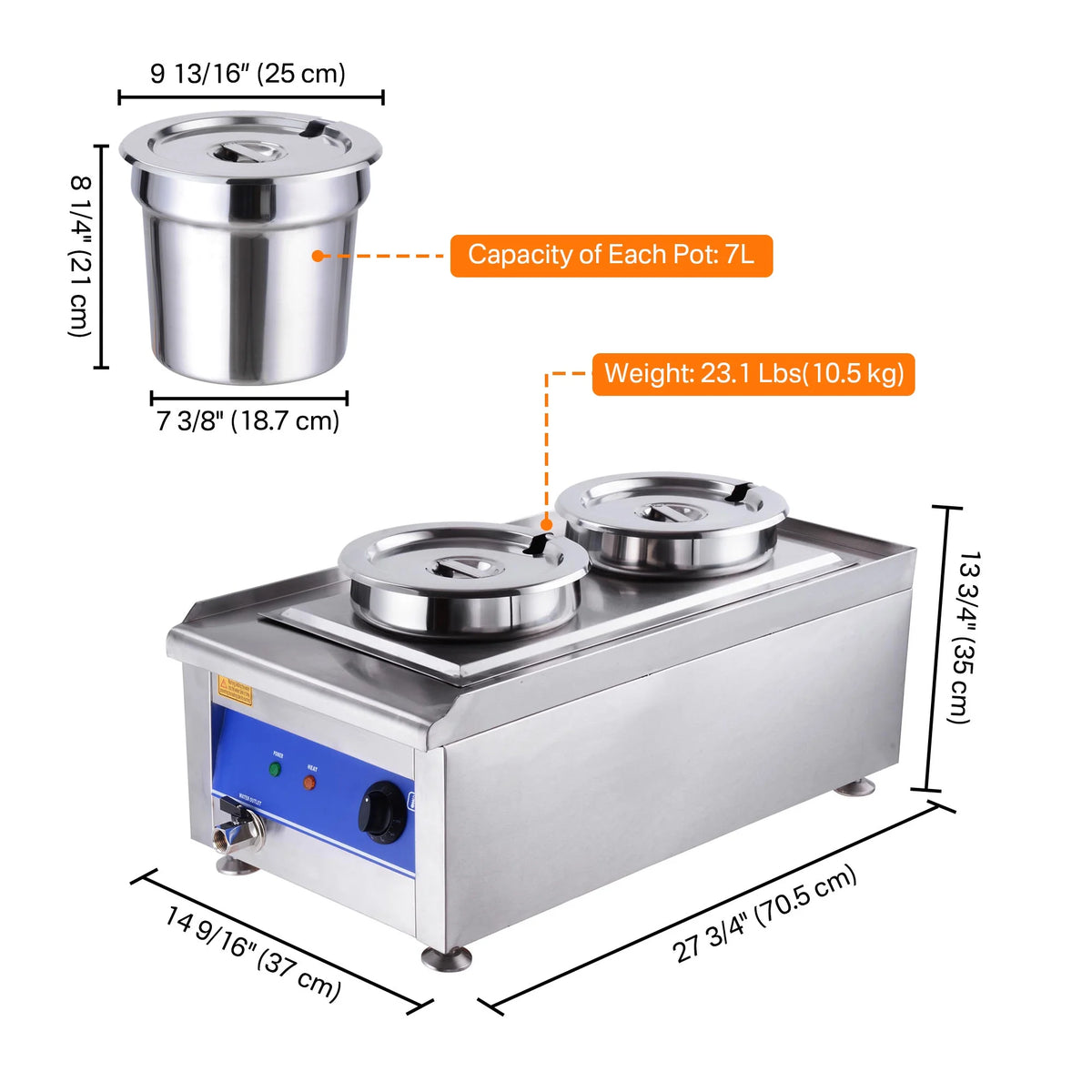 1200W Dual Pots Countertop Food Warmer Stainless Steel Commercial Bain Marie Z8360