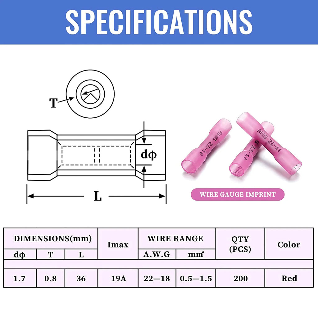 200 PCS Waterproof Insulated Electrical Crimp Butt Connectors 22-18 AWG J5368