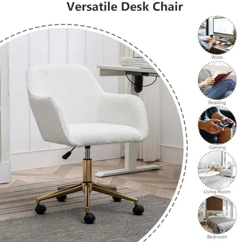 White Sherpa Desk Chair with Wheels and Arms S324