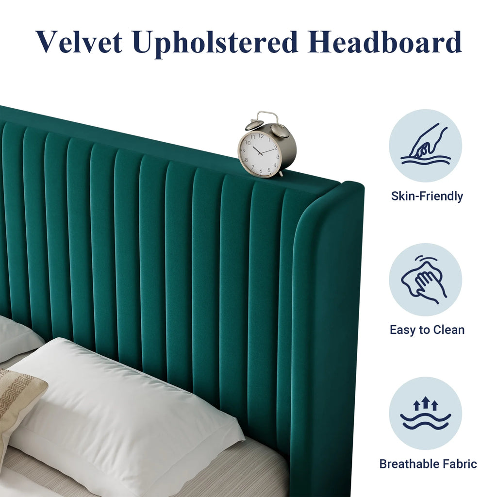 Queen Size Off White Velvet Platform Bed Frame with Wingback Headboard L1427