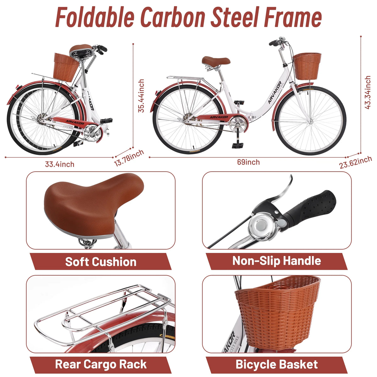 26 Inch White Foldable Cruiser Bike with Basket X601