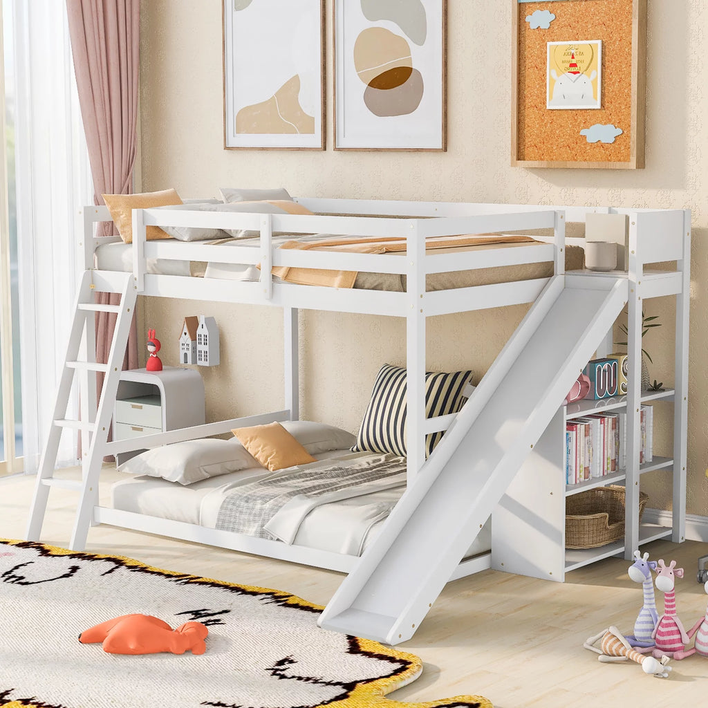 Full Over Full Solid Wood Bunk Bed with Slide and Bookshelves Y17946