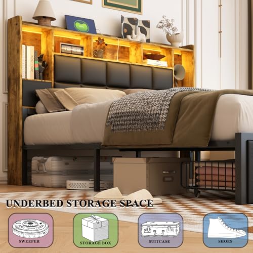 Full Size LED Upholstered Platform Bed Frame with Bookshelf Headboard and 2 Hidden Storage Drawers D685