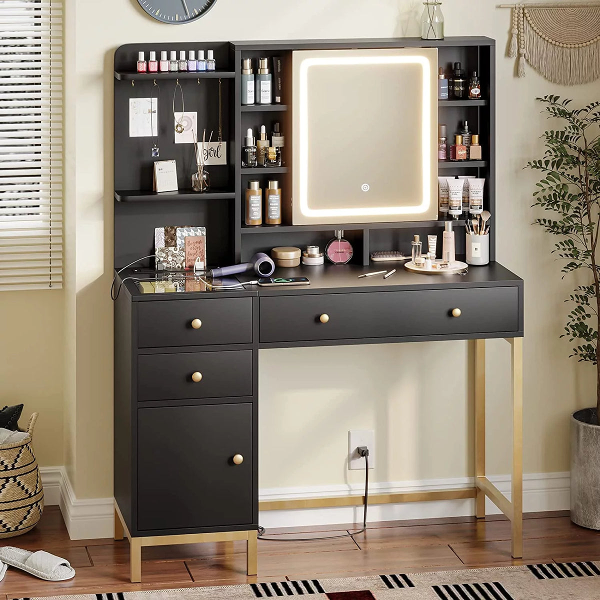 Black Vanity Set Desk Table with Mirror and Storage Shelves Z983