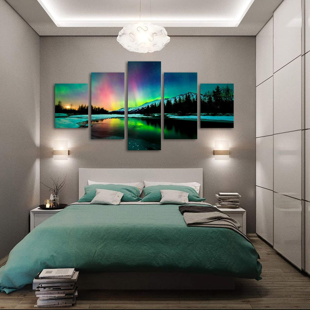 5 Pieces Green Aurora Borealis Scenery Canvas Prints Ready to Hang F799469