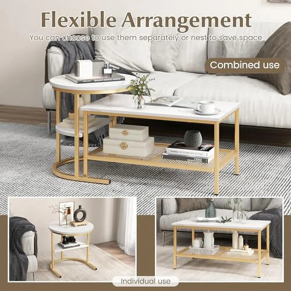 2 PCS Faux Marble Top Coffee Table Set I7945