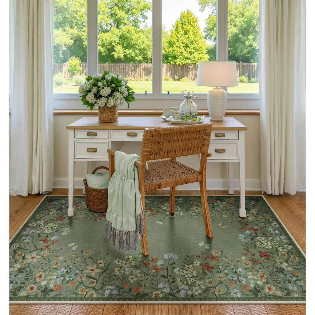 Green Floral 4x6 Washable Low-Pile Area Rug G46025