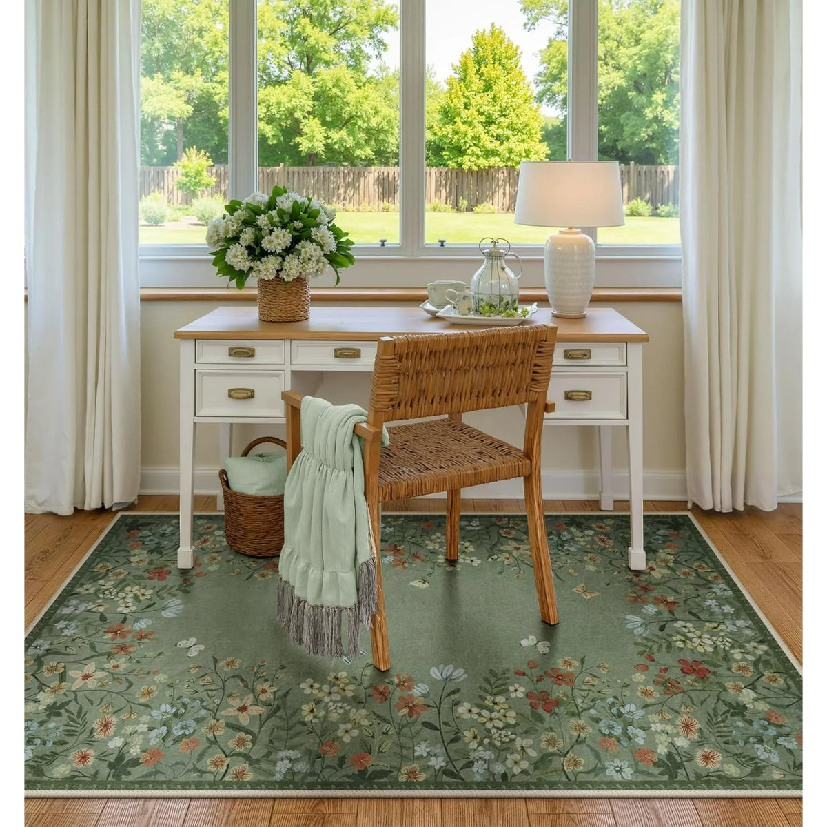 Green Floral 4x6 Washable Low-Pile Area Rug G46025