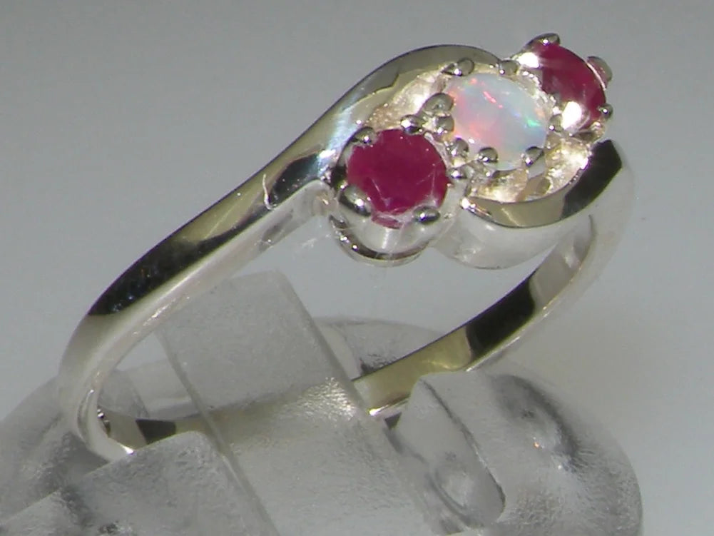 18k White Gold Natural Opal & Ruby Trilogy Ring Y586