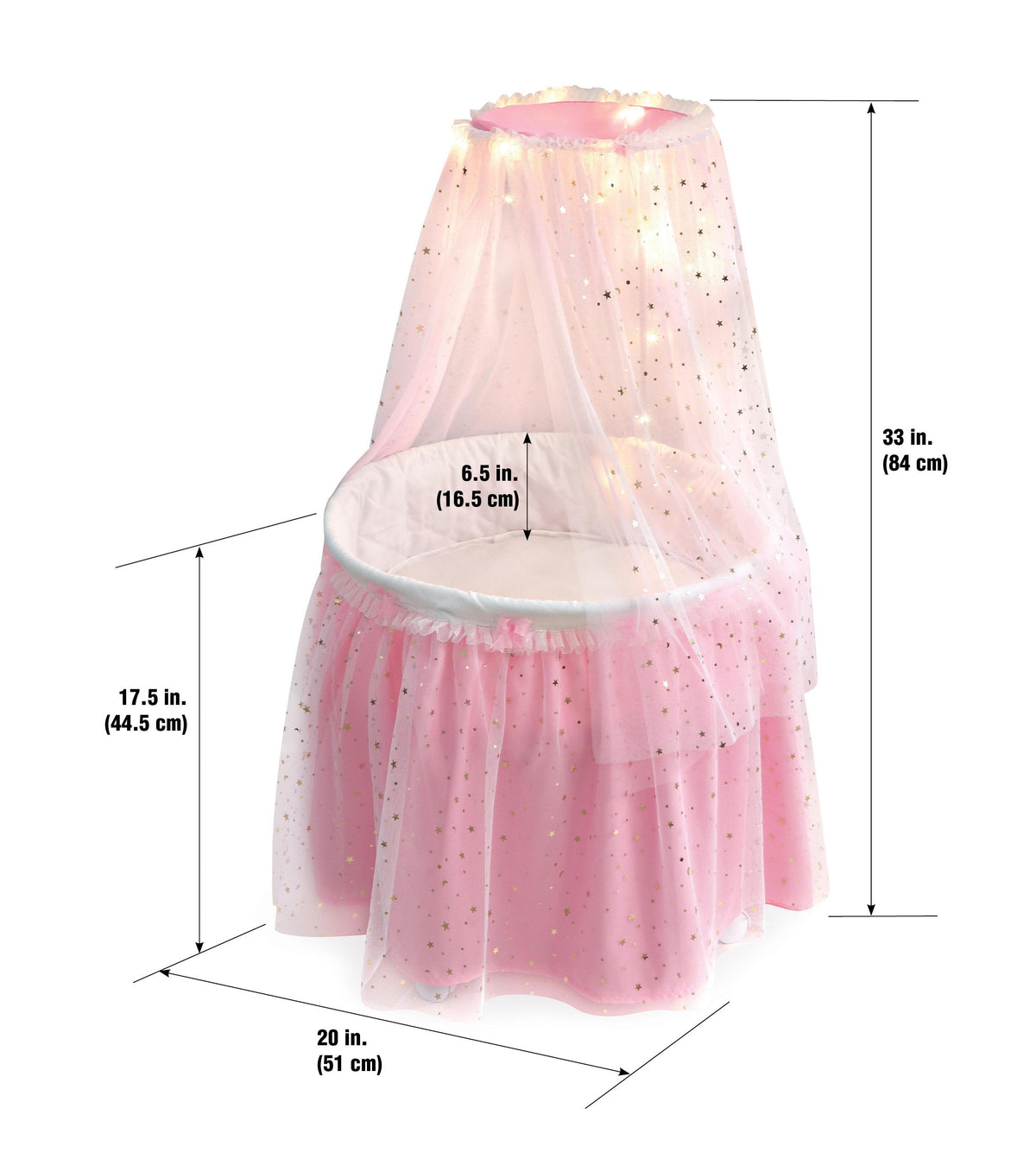 Pink Doll Bassinet with Canopy and Lights for 18 inch Dolls I38420