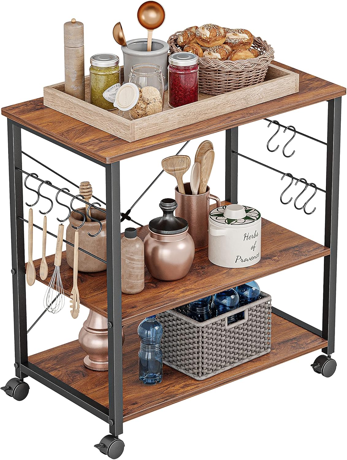 3 Tier Metal Kitchen Cart with Wheels and 10 Hooks B929