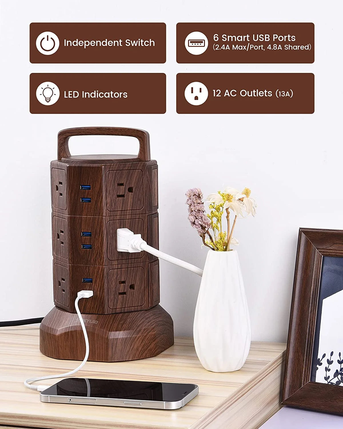 6 USB Ports 12 AC Outlets Power Strip Tower J6931