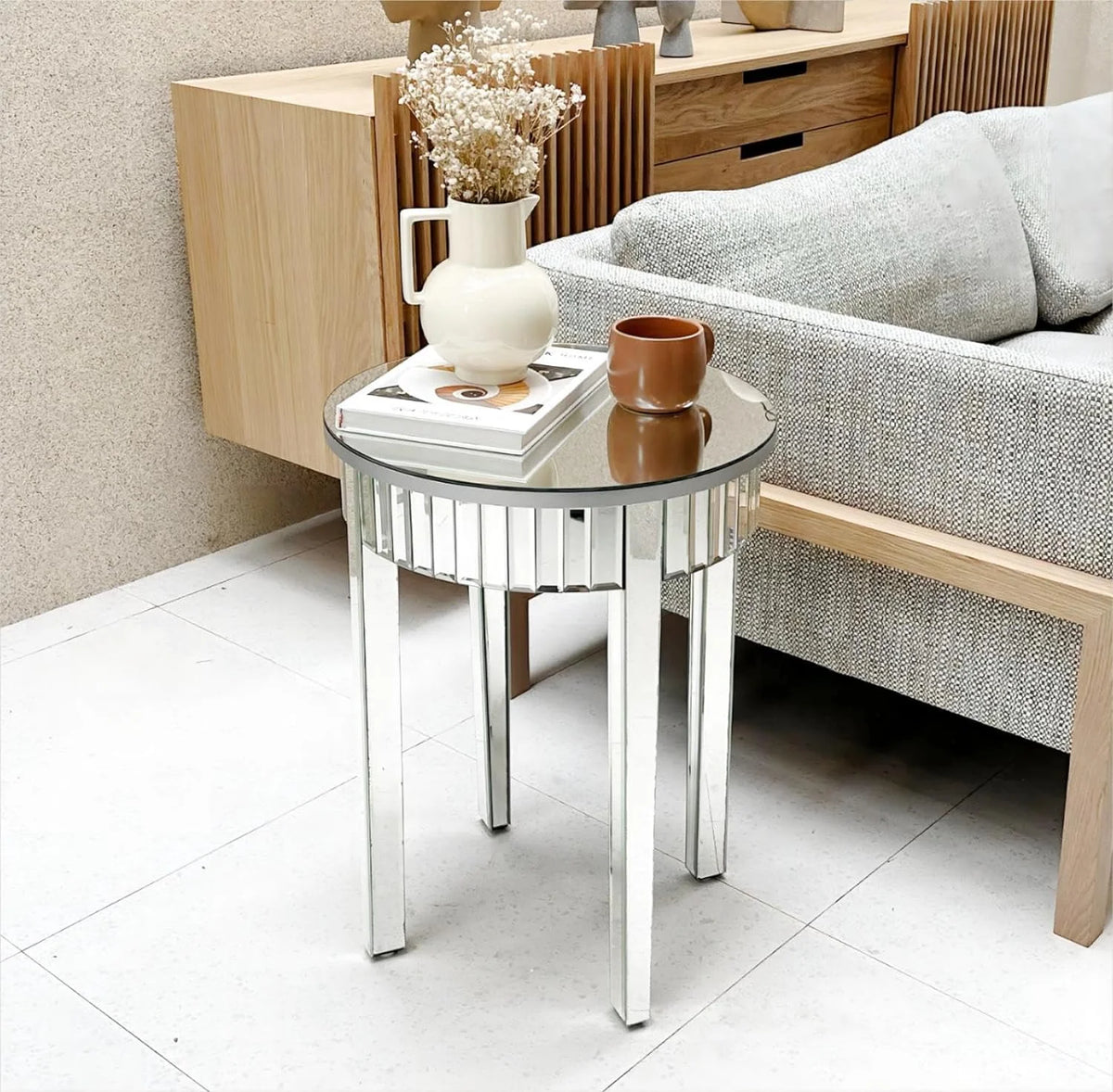 Round Mirrored End Table 17.7 inches Beveled Glass A7337