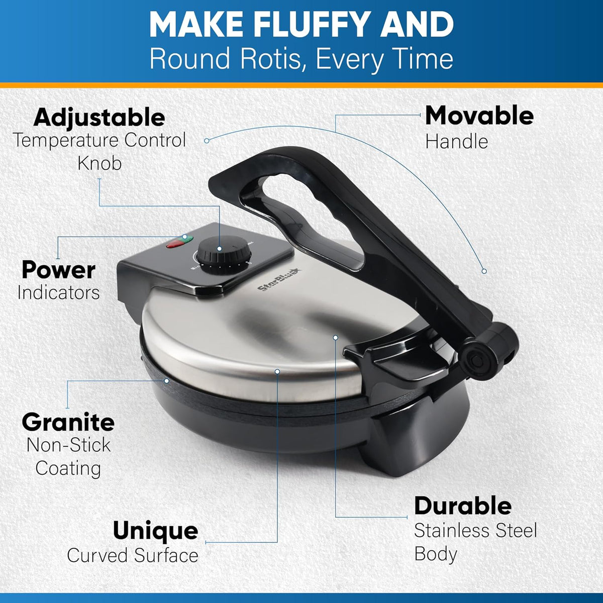 10inch Stainless Steel Non-Stick Electric Roti Maker with Removable Handle X9393