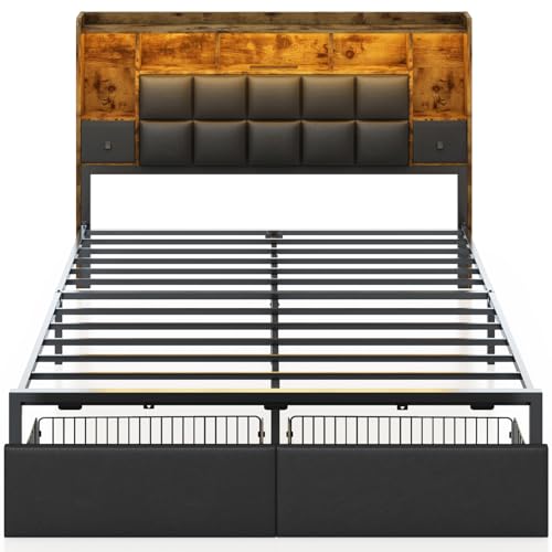 Full Size LED Upholstered Platform Bed Frame with Bookshelf Headboard and 2 Hidden Storage Drawers D685