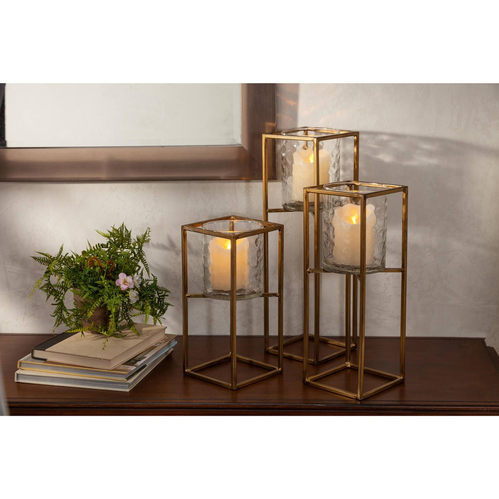 Textured Glass and Gold Metal Candle Holder Set of 3 C776