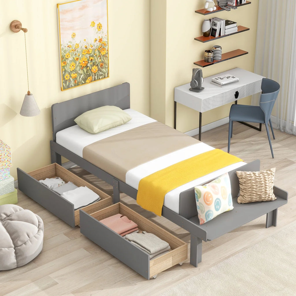 White Twin Size Wood Platform Bed Frame with 2 Storage Drawers K607