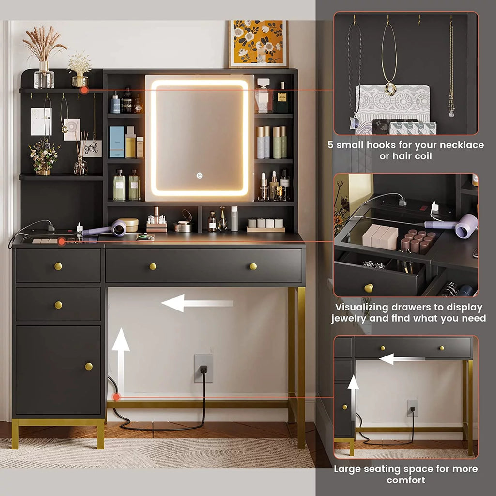 Black Vanity Set Desk Table with Mirror and Storage Shelves Z983