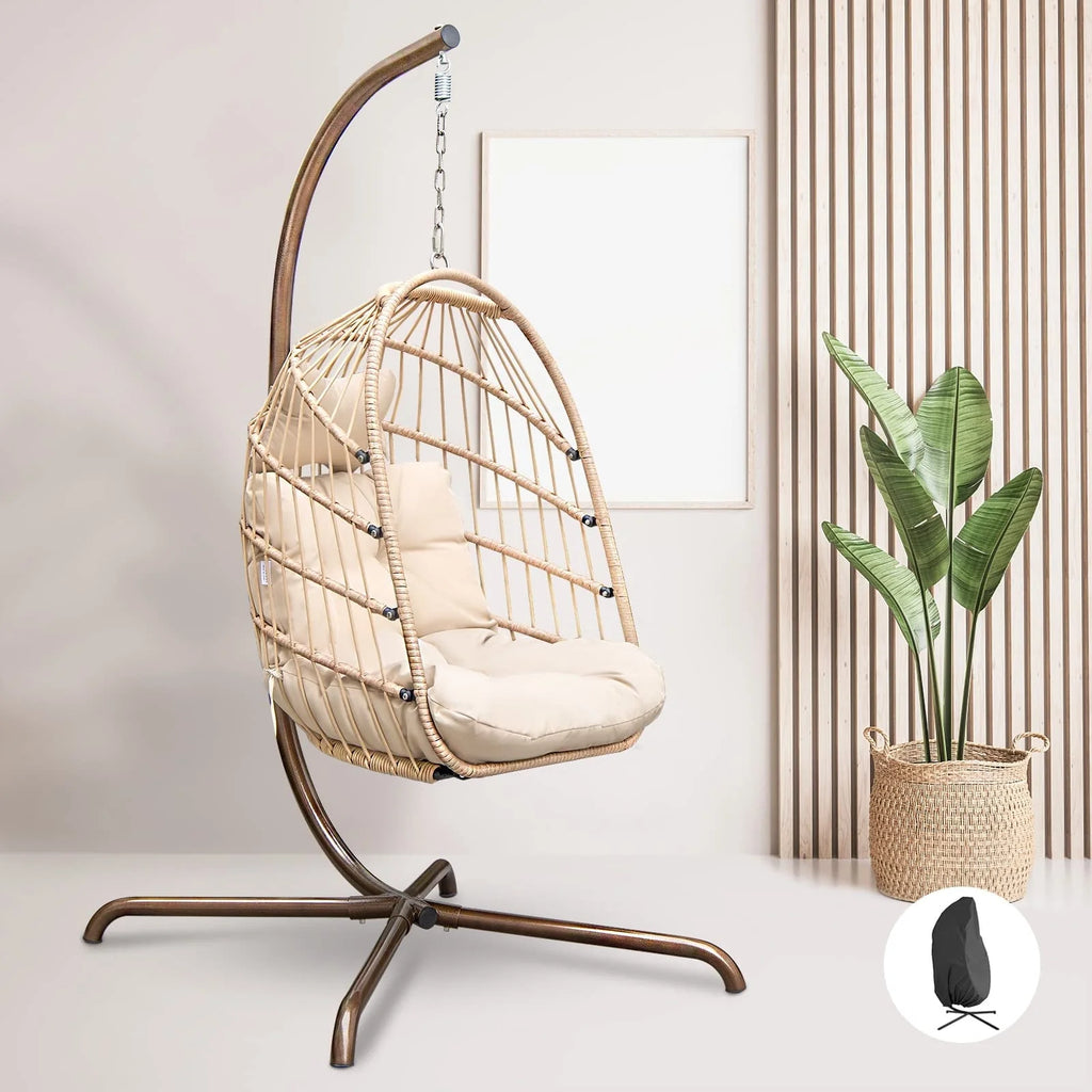 Foldable Brown PE Wicker Hanging Egg Chair with Stand Q4025