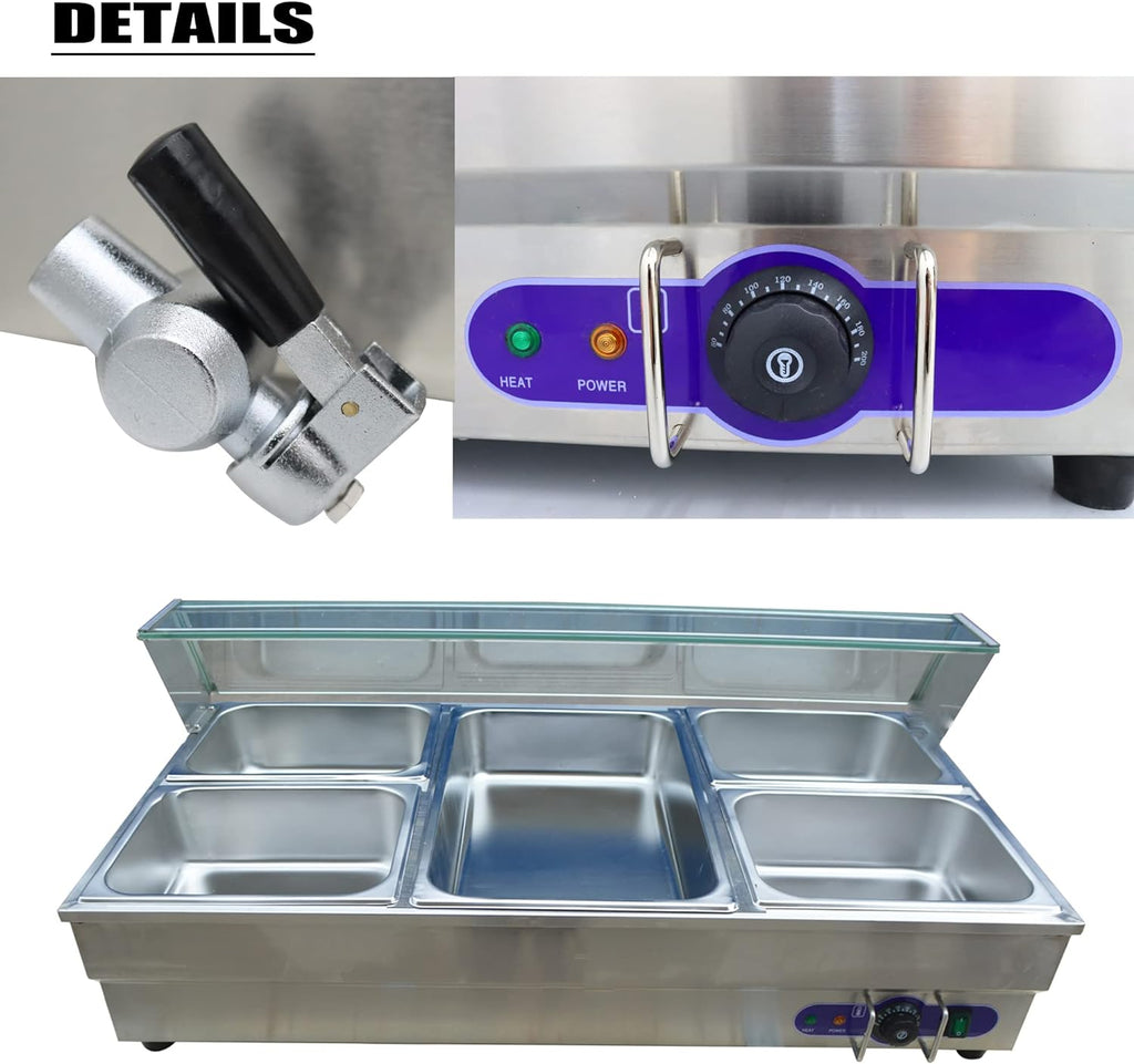 5-Pot Commercial Buffet Food Warmer with Glass Shield I611049