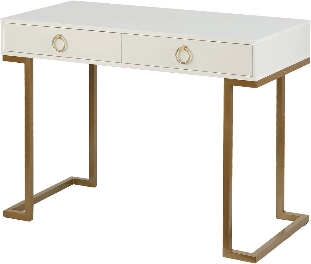 White Gold 2 Drawer Wood Metal Desk I135436