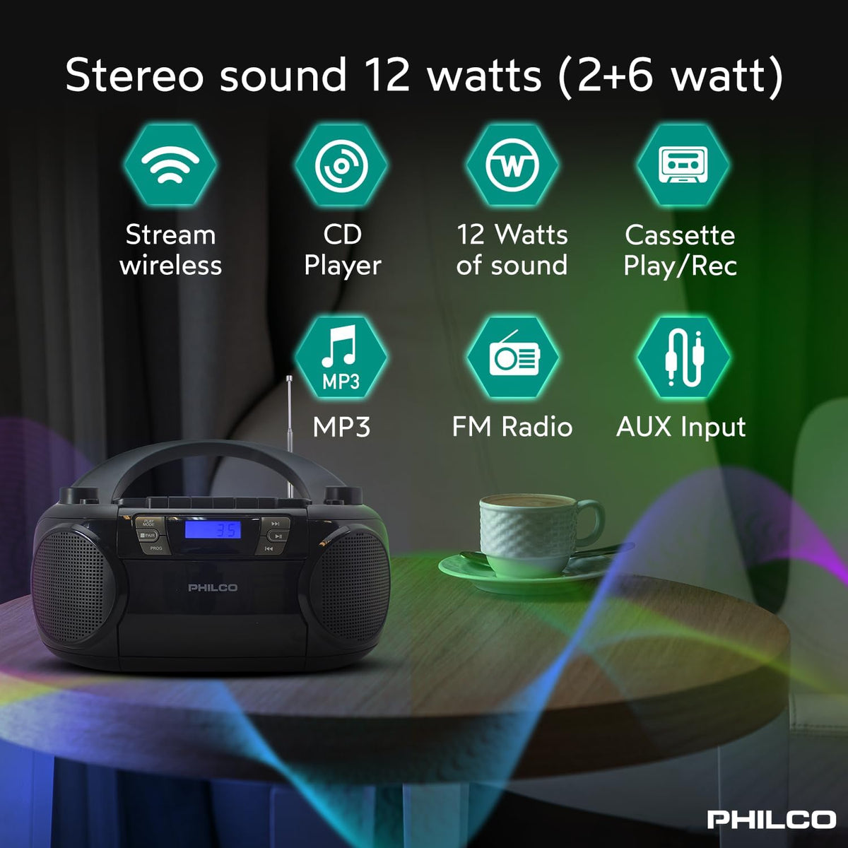 Bluetooth CD Boombox with Cassette, MP3 CD USB Playback, 12 watts J4212
