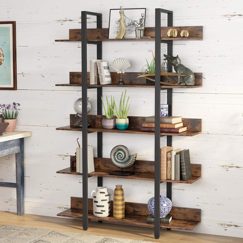 5 Tier Metal and Wood Bookshelf with Back Fence G539698