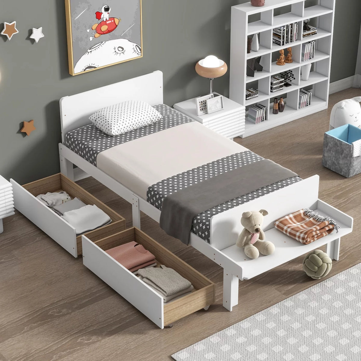 White Twin Size Wood Platform Bed Frame with 2 Storage Drawers K607