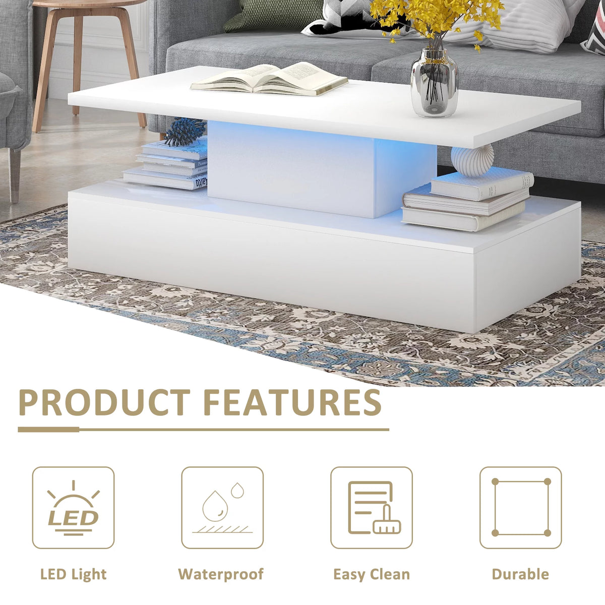 White Coffee Table with LED Lighting and Remote Control F2823