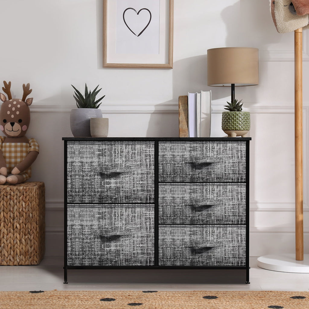 5 Drawer Fabric Storage Dresser with Wood Top E2838