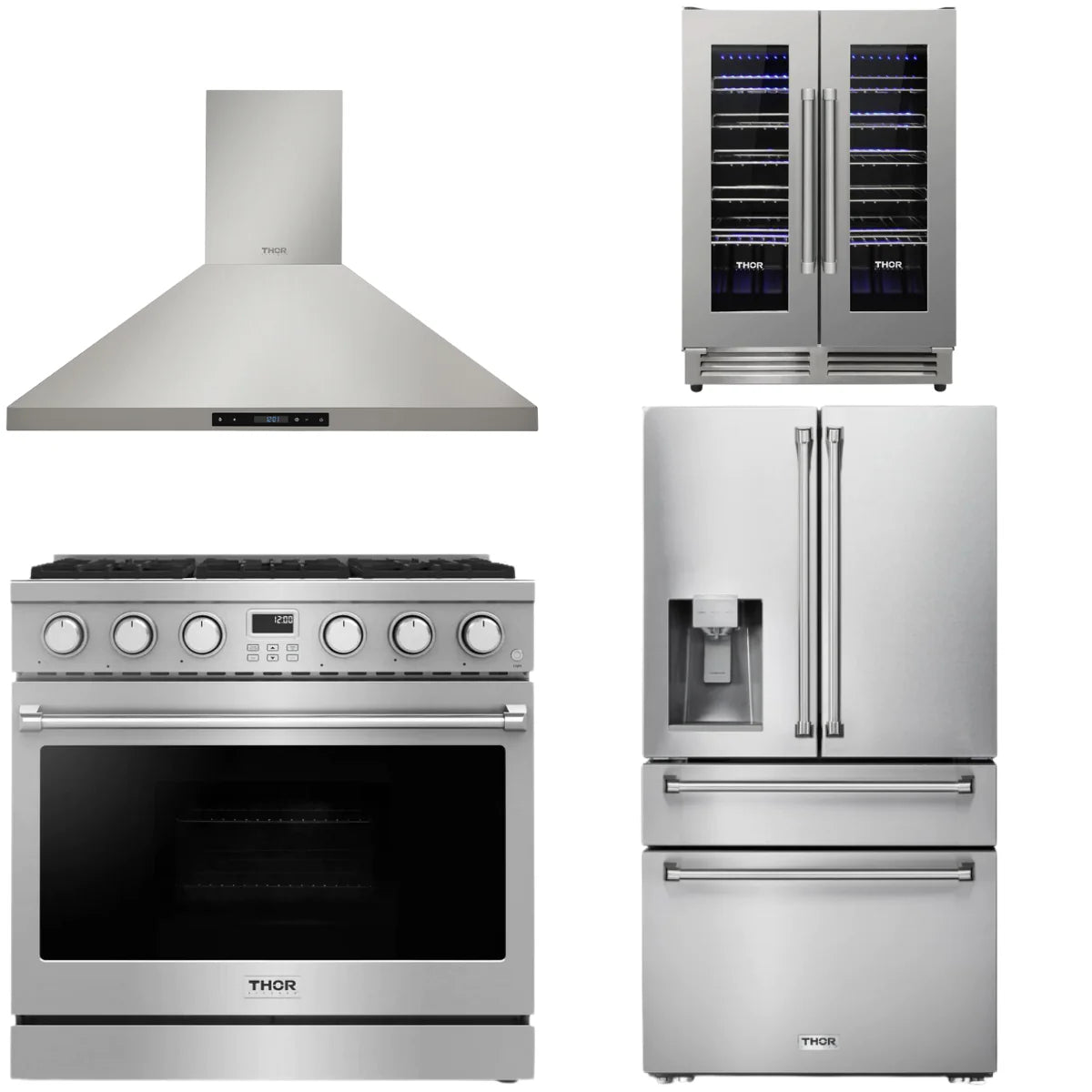 36 Gas Range, Range Hood, Refrigerator and Wine Cooler J718
