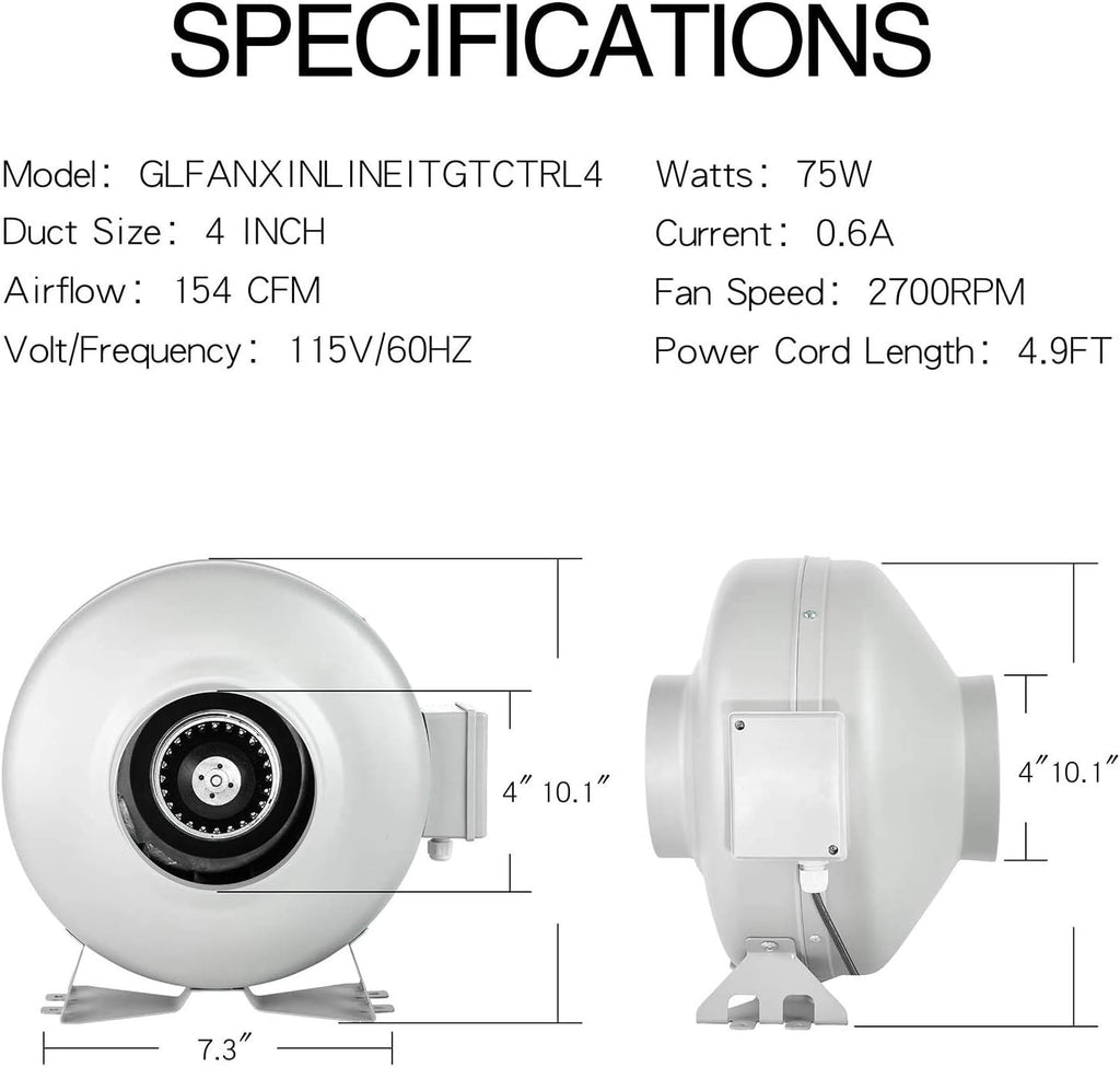 4 Inch 154 CFM Inline Ventilation Fan with Variable Speed Controller and 4” Air Carbon Filter 8 Feet Ducting Combo Set W320399