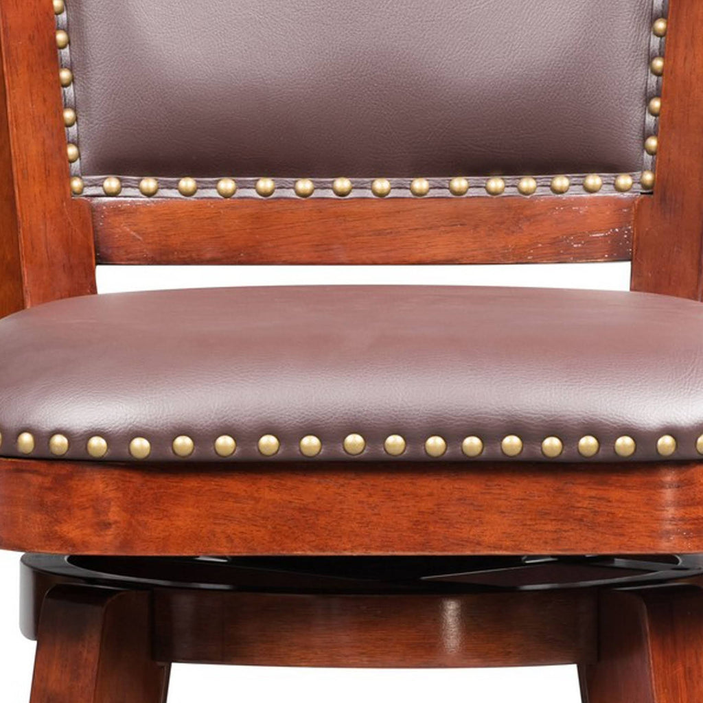 Cherry Brown Swivel Bar Stool with Curved Padded Back and Nailhead Trim P857176