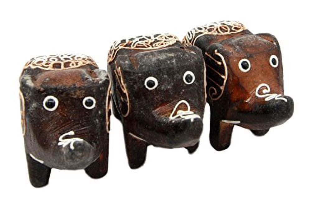 Hand Made Wood Elephant Family Miniature Figurine Set 2.5"L A87555