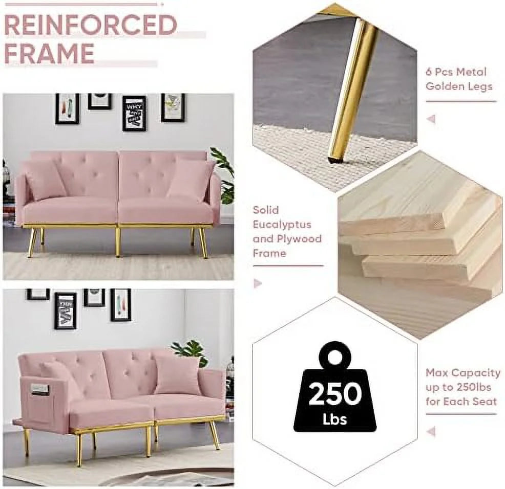 Convertible Futon Sofa Bed 59-inch Velvet Sleeper Sofa with Two Pillows L333