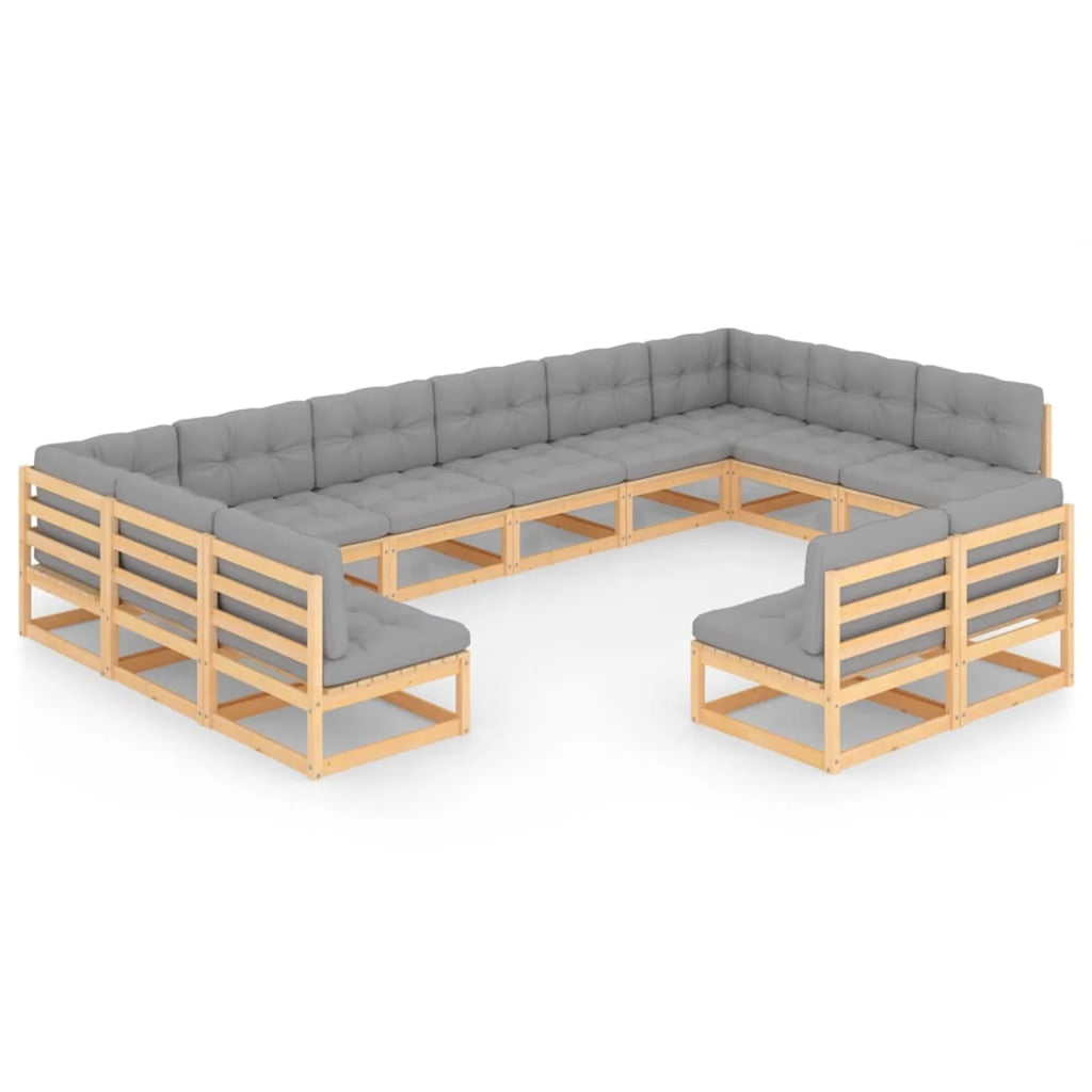 12 Piece Gray Cushioned Pinewood Sectional Outdoor Furniture Set F766584