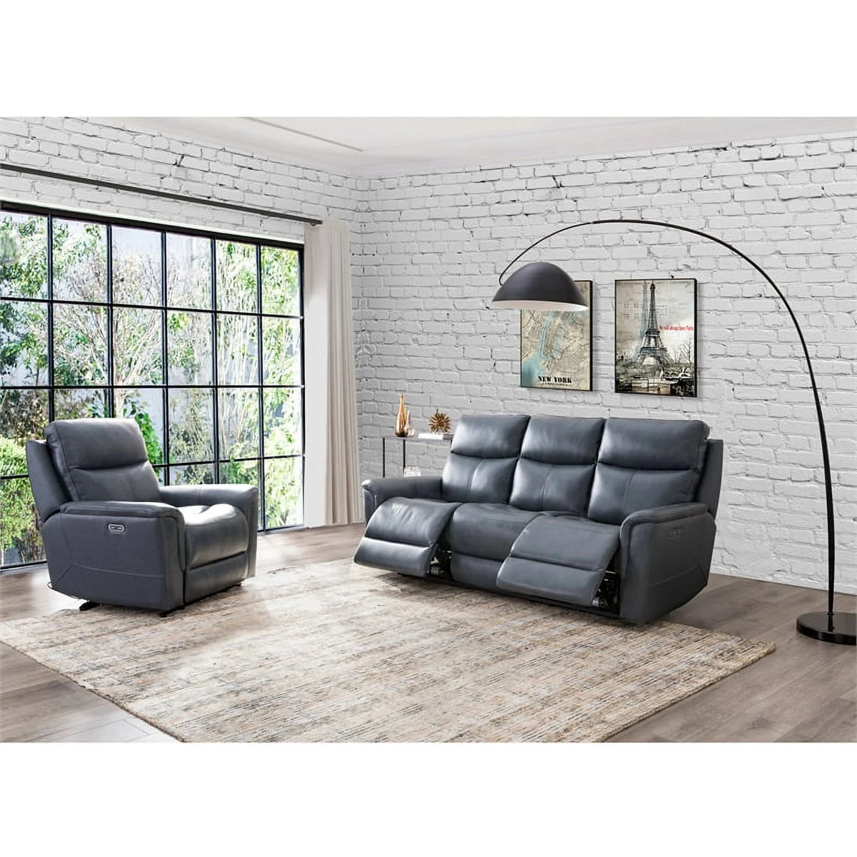 Blue Grey Leather Power Motion Sofa H46107