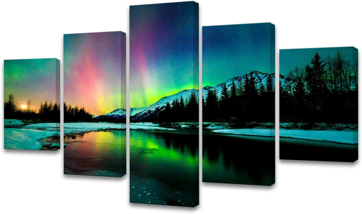 5 Pieces Green Aurora Borealis Scenery Canvas Prints Ready to Hang F799469