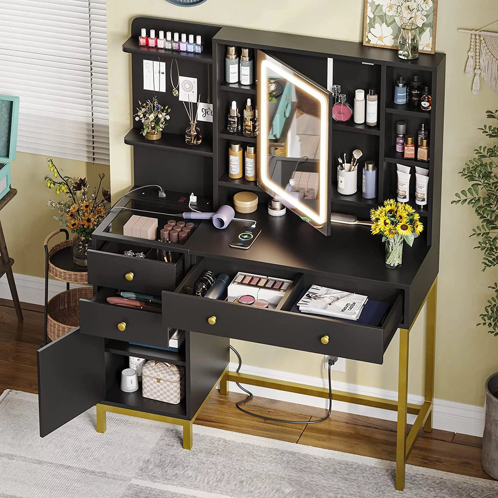 Black Vanity Set Desk Table with Mirror and Storage Shelves Z983