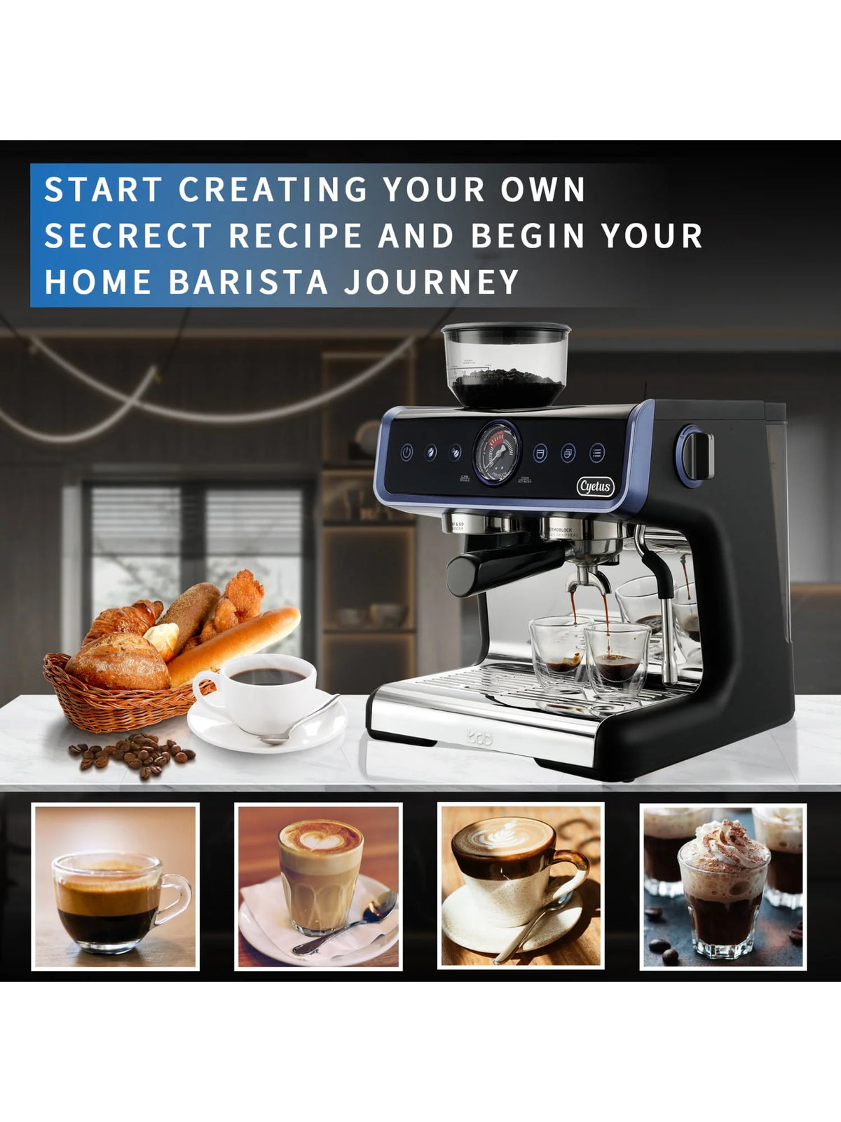 All in One Espresso Machine with Coffee Grinder and Milk Steam Wand S502